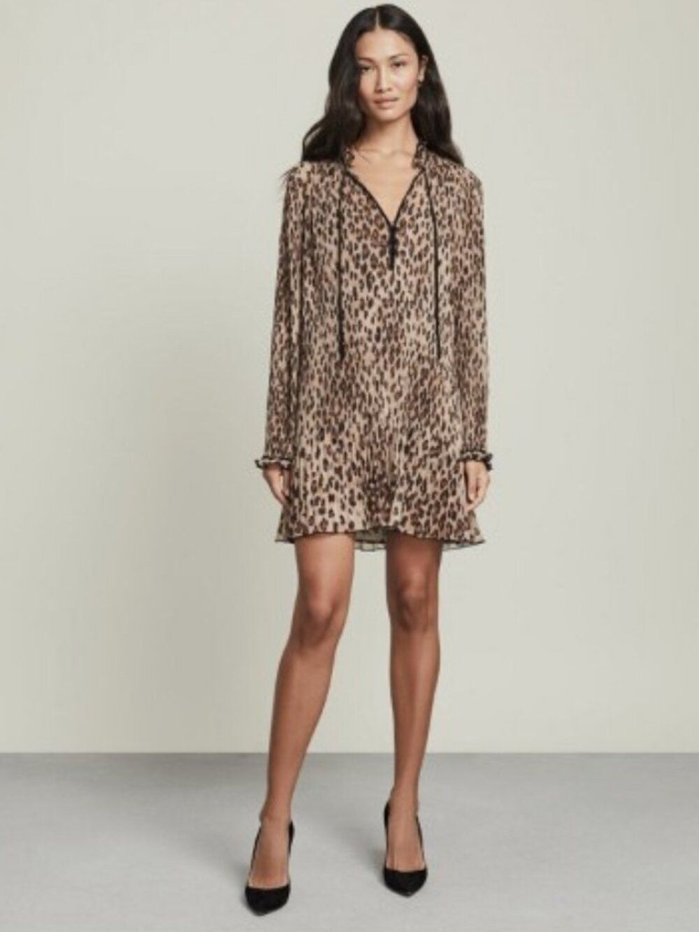Veronica Beard Luvie Plisse Leopard Print Pleated Long Sleeve Dress NWOT
